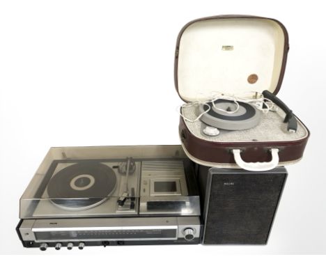 A Philips three band stereo combination music system with pair speakers and Fidelity portable record player 