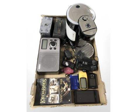 A Breville coffee maker, Sony digital radio, two vintage cameras, mobile phones, pair of binoculars, etc. (1 box)