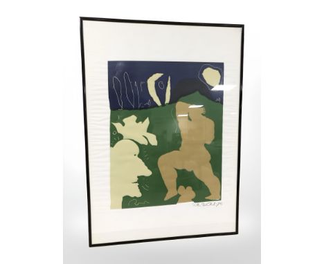 Continental School : Abstract figure in landscape, colour lithograph, indistinctly signed, 46 cm x 37 cm.