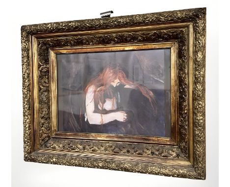 A continental colour print depicting figures embracing, 33 cm x 22 cm.