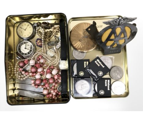 A group of folding knives, Crowns, AA badge, compact, Ingersoll and Smith pocket watches, wristwatches, costume jewellery etc