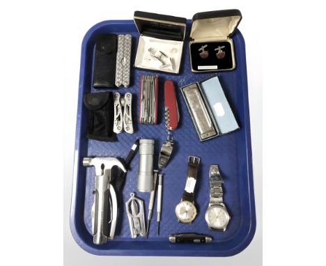 A group of Swiss army knives, Gent's watches, Rotary, folding pocket multi tools, torch, Hohner Great little harp mouth organ