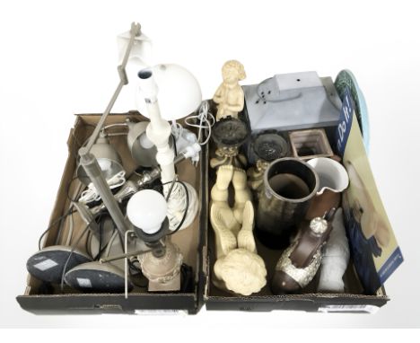 A group of table lamps, lantern, contemporary ornaments, reproduction tin sign etc (2 boxes)