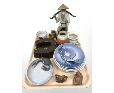 An Oriental figure of a fisherman, Royal Copenhagen plates, horseshoe shaped jelly mould etc 