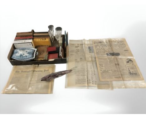 A quantity of vintage books, drinking glasses, cigar box, transfer printed tureen, Murano glass fish and quantity of 19th cen