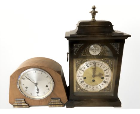 An Enfield walnut Art Deco mantle clock, width 28 cm, together with a reproduction Tempus Fugit bracket clock.