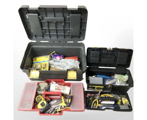 Two plastic tool boxes of hand tools and hard ware 