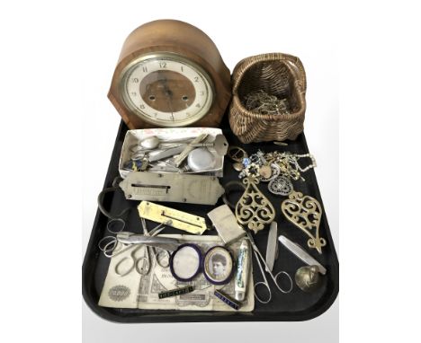 An Art Deco walnut mantel clock, assorted costume jewellery, pocket scales, small portait, lighter, folding pocket knives etc