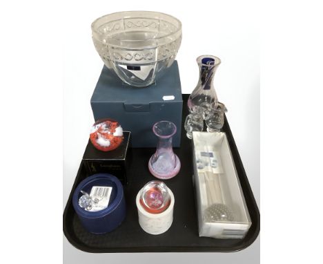 A Waterford Marquis crystal bowl, diameter 18 cm, boxed, Caithness vases, Swarovski crystal mouse, Langham paperweight etc 