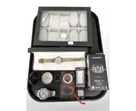 A group of modern gent's watches including Jeep, Casio, Orvis, two compasses, Garmin Edge 25 watch display box etc 