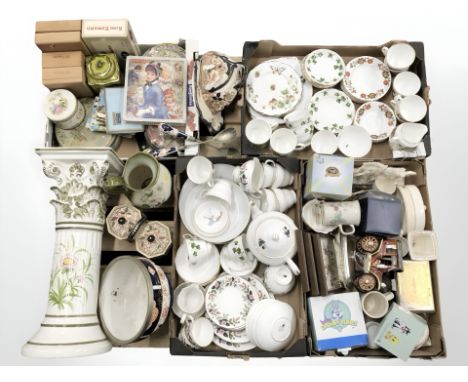 A large quantity of assorted tea china tins, jardiniere stand, empty cigar boxes, etc (one pallet) 