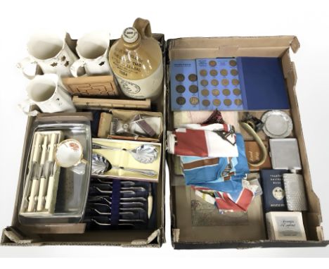 Various items including two Whitman folders of pennies and half pennies, three Victorian graduated jugs, stoneware bottle wit