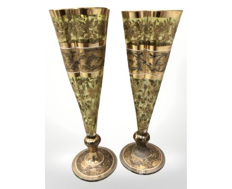 A pair of Victorian Moser glass quatrefoil vases, height 14.5 cm (1 restored)