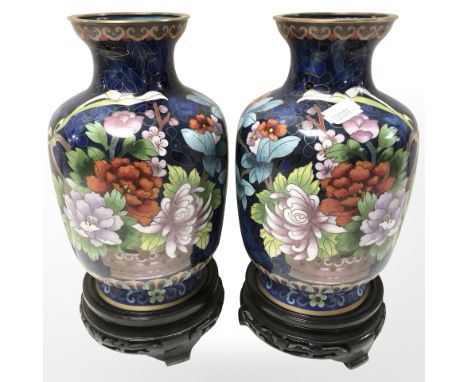 A pair of 20th century Japanese cloisonne enamel vases on turned stands, overall 24 cm high 