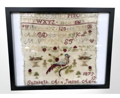 A Victorian alphabet sampler by Elizabeth Ann Jobling, aged twelve, dated 1872, in modern frame, overall 30 cm x 38 cm.