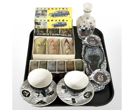 Two boxed sets of drinking glasses, decanter, two Homemaker tea cups with saucers, Vangards die cast Morris minor vehicle etc