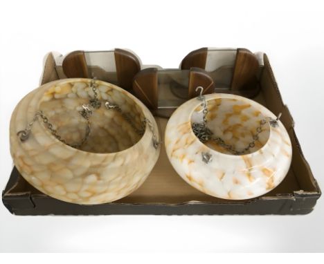 Two Art Deco mottled glass pendant glass light shades and three walnut and glass photo frames (one box) 