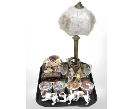 A brass table lamp with mottled glass shade, Aynsley flower posie, porcelain boxes, Royal Doulton dogs etc 