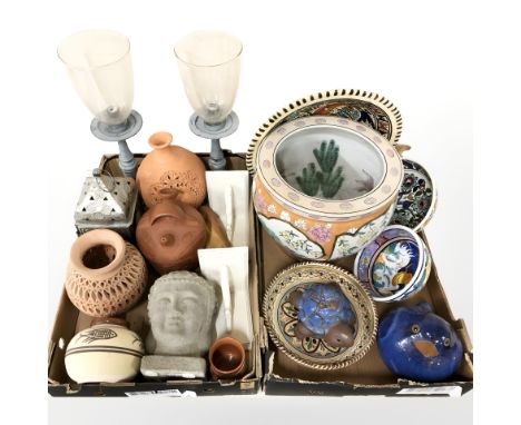 Assorted Continental ceramics, large jardiniere, bust of Buddha, vases, metal lantern, pair of candle holders etc (2 boxes)