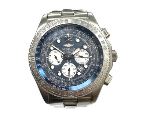 A gent's stainless steel Breitling B-2 automatic chronograph calendar wristwatch, ref. A42362, the navy blue dial with lumino