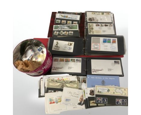 Three albums of first day covers and further loose examples, tin of loose stamps, etc. (1 box)