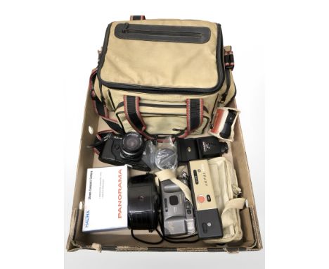 A Chinon camera bag containing CA-4 camera, Kodak Brownie 127, Miranda camera, flashes and other accessories (1 box)