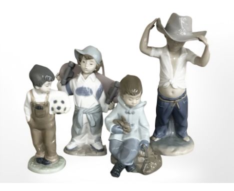 Four various Nao figures and groups including boy with skateboard, boy with hat etc , tallest 25 cm