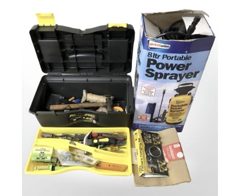 A plastic tool chest containing hand tools and hardware, eight litre portable power sprayer in box 