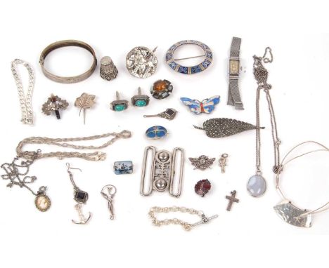 Quantity of mainly white metal jewellery to include enamel butterfly brooch, an Art Nouveau enamel brooch, various earrings, 