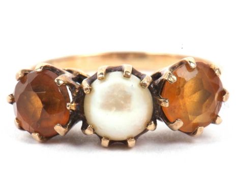 9ct gold citrine and pearl three stone ring centering a small cultured pearl flanked by two round cut citrines, hallmarked fo