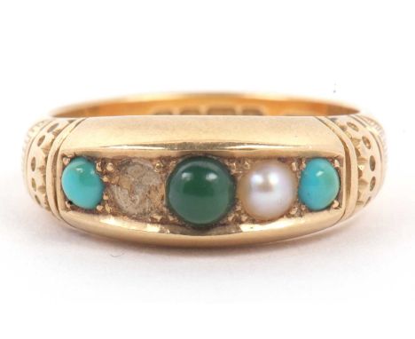 Antique 18ct gold turquoise and seed pearl ring, alternate set with three graduate turquoise and one seed pearl (one pearl mi