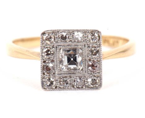 An Art Deco diamond ring the square cut centre stone set within a small single cut diamond surround, the head is 8 x 8mm, sta