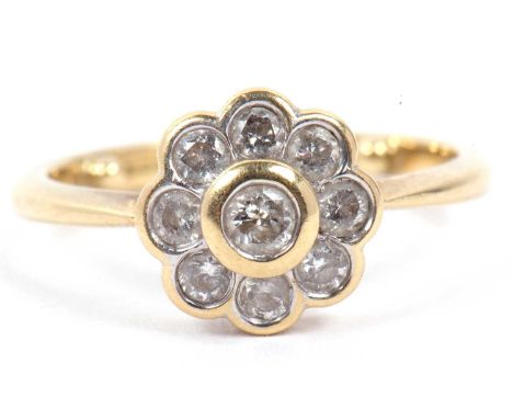 18ct diamond cluster ring featuring nine round cut diamonds, total ct weight 0.50ct, re-sized J