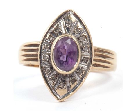 9ct gold amethyst and diamond ring, the makuise shaped centre sapphire set within a small diamond surround, size O