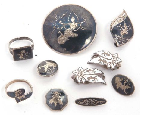 Mixed lot to include two sterling siamese rings, four buttons and two brooches together with a pair of white enamel and sterl