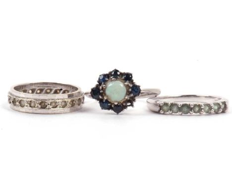 Mixed Lot: A 9ct white gold and green stone ring, an opal and sapphire cluster ring (one stone missing) together with a paste