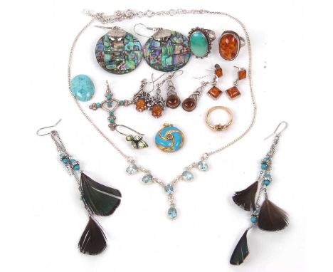 A small quantity of white metal jewellery to include modern amber set pieces including ring, three pairs of earrings.  Togeth