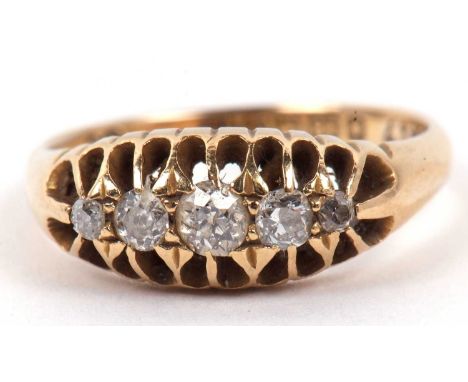 An antique five stone diamond ring of boat shape set with five graduated old cut diamonds, 0.30ct approx, hallmarked for Birm