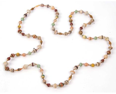 An unusual long lantern bead necklace with various painted paper and varnished beads, 68cm long