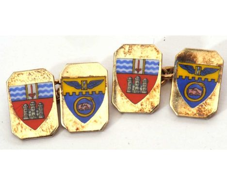 Pair of 9ct gold and enamel cufflinks or rectangular form with countered corners, with heraldic enamel detail, chain connecto