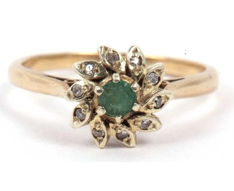 9ct gold emerald and diamond cluster ring, a flower head design, size O