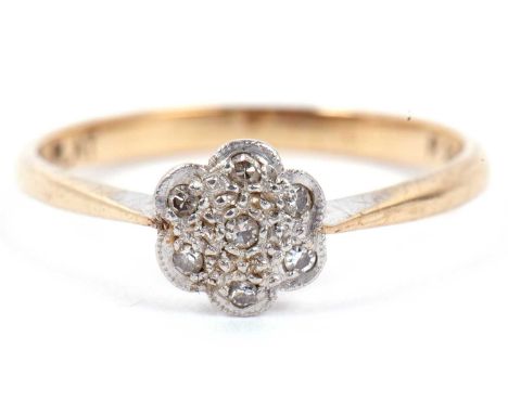 Vintage small diamond cluster ring featuring seven small diamonds in illusion setting, stamped 9ct and plat, size M