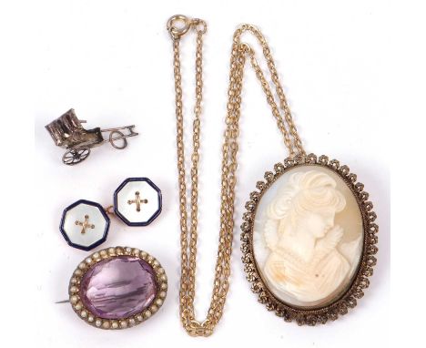 Mixed Lot: A vintage hard stone cameo depicting a classical lady, one 9ct stamped and mother of pearl enamel cufflink, a whit