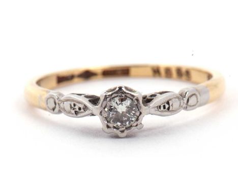 Single stone diamond ring, a round brilliant cut diamond in an illusion setting, diamond ct weight 0.10ct approx, raised betw