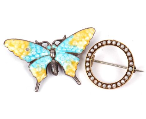Mixed Lot: A vintage enamel butterfly brooch stamped silver, 45mm diameter together with a seed pearl brooch surround tested 