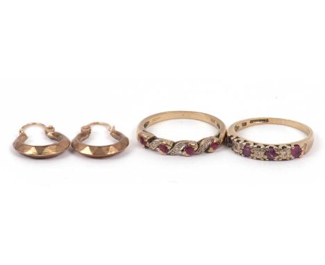 Mixed Lot: Two 9ct gold small ruby and diamond rings (one stone missing), (both a/f), together with a pair of 9ct gold hoop e