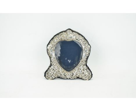 Art Nouveau Style Embossed Heart Shaped Silver Photo Frame with velvet back. Hallmark Sheffield 1994. 7.25 inches wide, 8 inc