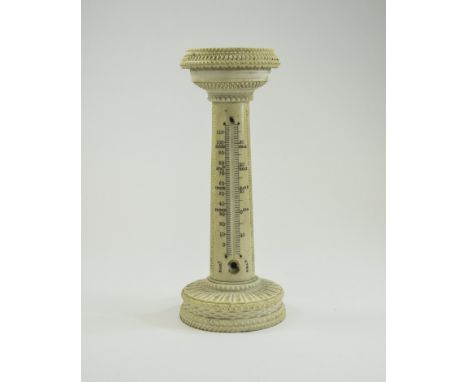 Victorian - Early Finely Carved Ivory Barometer, In The Form of An Architectural Sun Dial. The Column with Finely Carved Reed