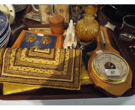 A Tray of Sundries to Include Decorated Tray, Bead Work Embroidered Panel, Shrewsbury Plaque, Barometer, Treen Box Etc. 