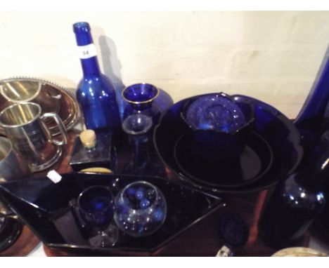 A Tray of Blue Glassware to Include Bowls Candle Stick Bottles Etc. 